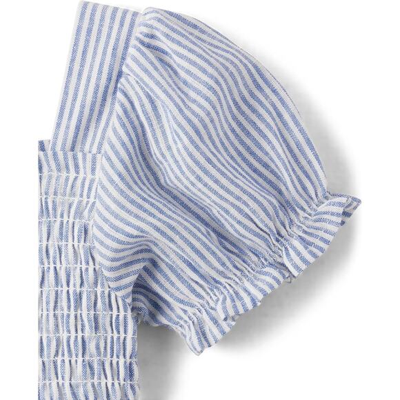 Gymboree Striped Linen-Blend Tiered Blue Puff Sleeve Smocked Dress NEW~NWT!! - Picture 4 of 12